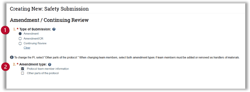 Amendment/Continuing Review page. Callout 1 marks Amendment selected as the type of submission. Callout 2 marks Protocol team member information checked as the amendment type.