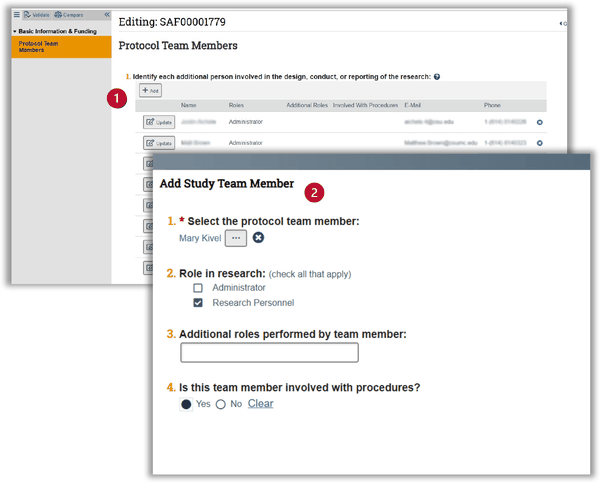 Protocol Team Members page. Callout 1 marks the Add button above the team member list. Callout 2 marks the Add Study Team Member window, which has fields for team member name, role in research, additional roles, and involvement with procedures.