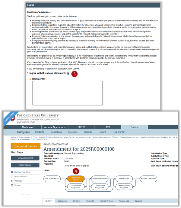Submit window showing the Investigator&rsquo;s Assurance statement. Callout 3 marks the I agree with the above statement checkbox. Below it, the workspace now shows the status Specialist Review, marked with callout 4.